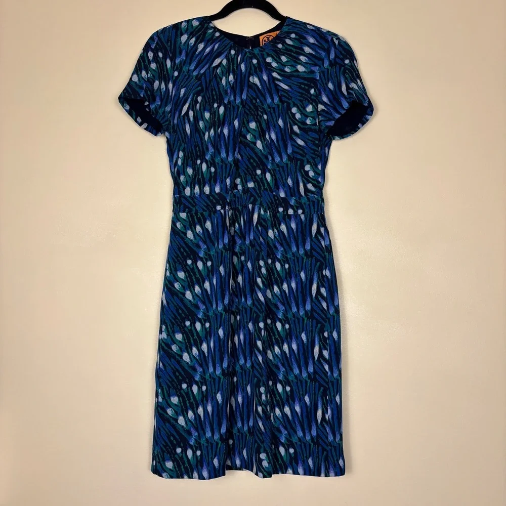 TORY BURCH 100% Silk Dress‎ Size 2 Blue Green Watercolor Short Sleeve Cocktail
